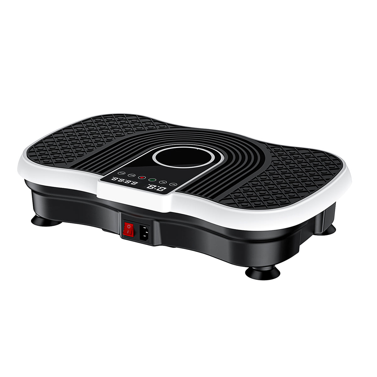 White background product shot of home vibration fitness plate with anti‑slip textured surface and LED control panel