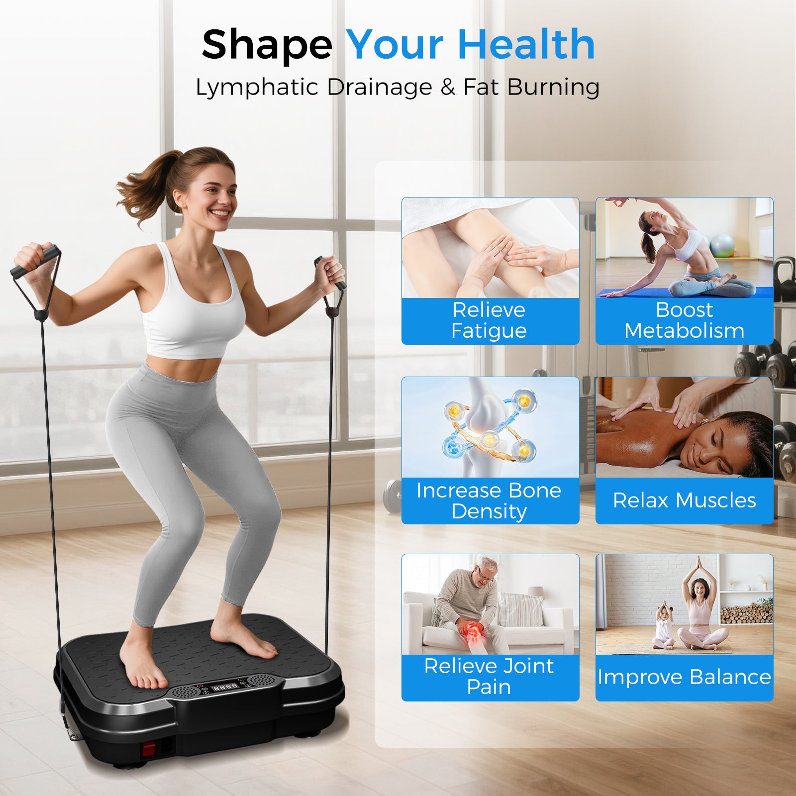 Tomile Vibration Plate Exercise Machine, Whole Body Workout Fitness Platform with Resistance Band, 330lbs Capacity, Black