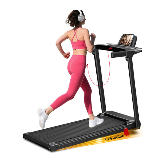 Foldable home treadmill with 10% manual incline, black running machine for indoor workout