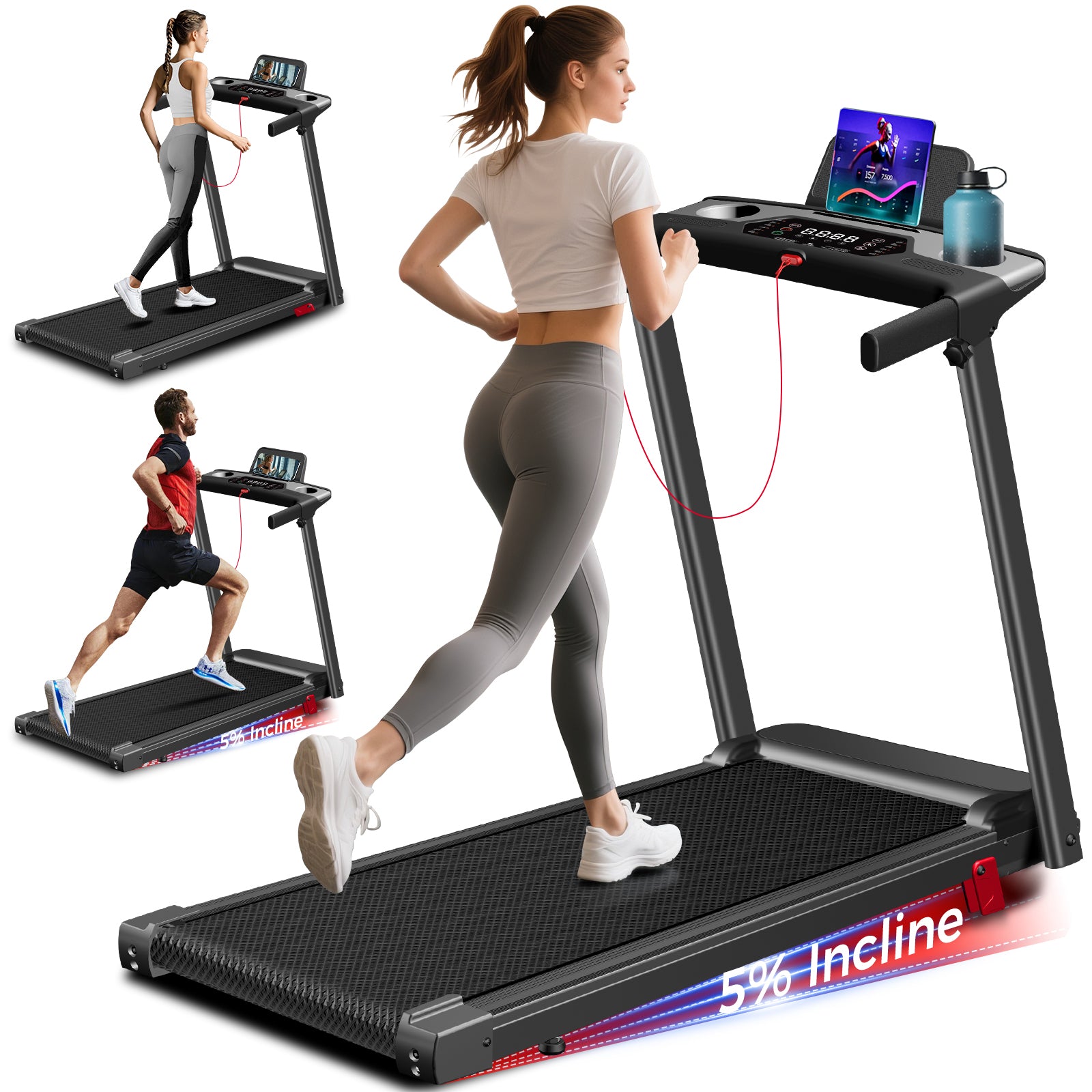 Space-Saving Folding Treadmill, Incline & Sturdy Handrails for Family Fitness